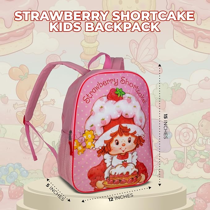 AI ACCESSORY INNOVATIONS Strawberry Shortcake Kids Backpack, 15" Elementary School Girls Book Bag with Padded Straps, Pink