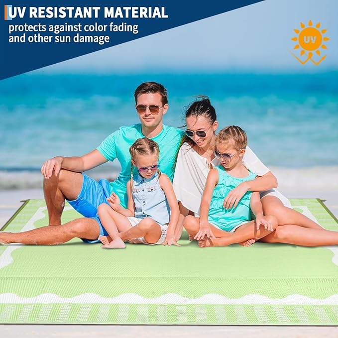 9x12 Outdoor Rug Waterproof Foldable Plastic Straw Carpet for Patio Porch Scalloped Border Reversible Mat Lightweight Floor Mat for Picnic, Rv, Beach, Deck, Camper, Balcony，Light Green