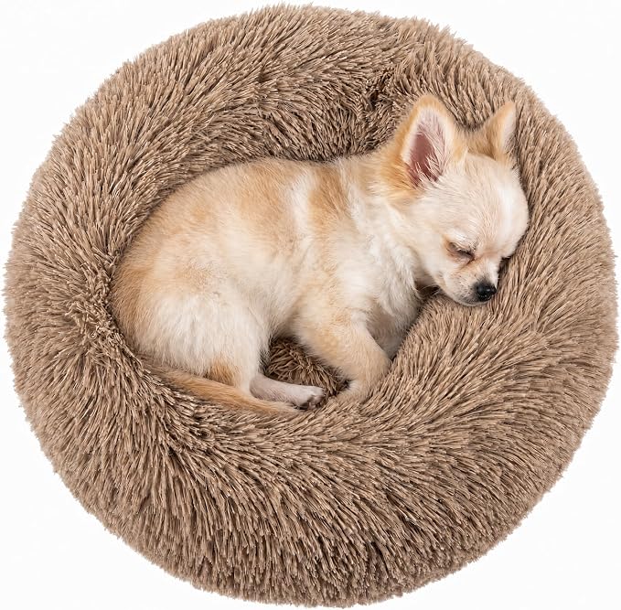 Tiny Dog Bed for Extra Small Dogs for Chihuahua Pomeranian Toy Poodle | 15 Inch Washable Puppy Bed,Soft Faux Fur Calming Donut Bed,Brown