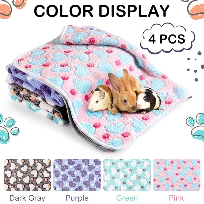 Reginary 4 Pcs Guinea Pig Fleece Blankets, Heart Pattern, 24 x 47 Inch | Washable Small Animal Fleece Bedding, Absorbent Guinea Pig Cage Cage Liners, Reusable Pads for Hamsters Rabbits