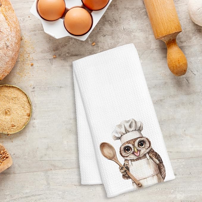 Funny Owl Chef Kitchen Towels, Owl Lover Gifts for Women Men, Gifts for Chef, Funny Wildlife Bird Decorative Dish Hand Tea Towels for Kitchen Bakery, 16x24 Inch