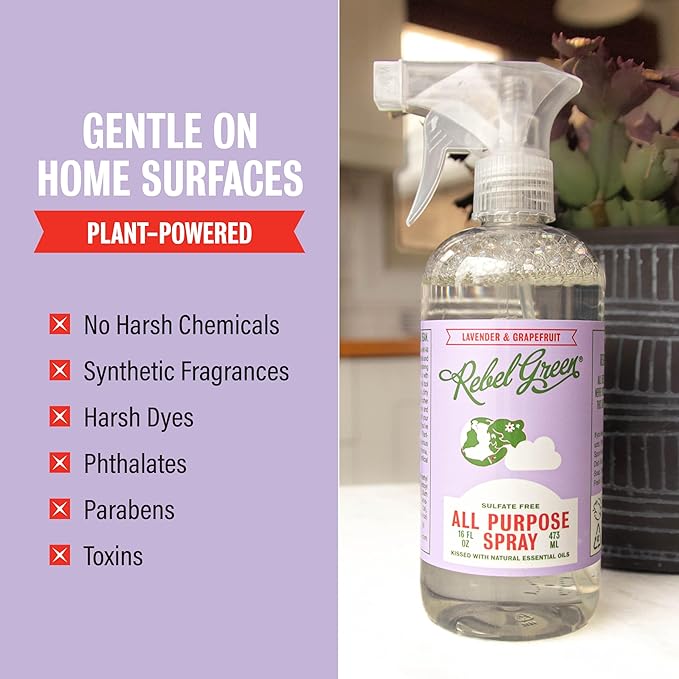 Rebel Green Natural All-Purpose Cleaning Spray - Plant-Based Multi-Surface Cleaner with Essential Oils for Kitchen, Bath, Countertops and More - Lavender & Grapefruit Scent - 16 oz - 2 Pack