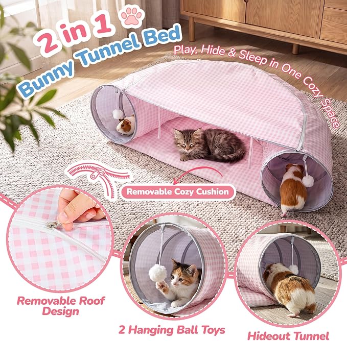 Bunny Tunnel Bed, 2-in-1 Collapsible Rabbit Guinea Pig Hideout, Pink | Removable Mat, Small Animal Tubes, Pet Rest Play Toy Indoor for Cats Kittens Rabbits Bunnies Ferret