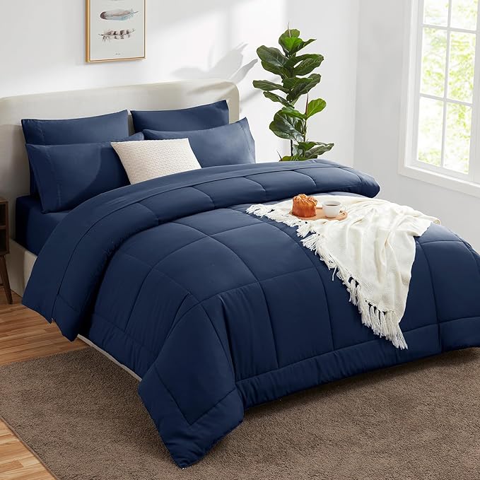 CozyLux Queen Comforter Set Navy Blue, 7 Pieces Bed in a Bag, Blue Comforter Queen Size, All Season Bedding Sets with Stitch Quilted Comforter, Flat Sheet, Fitted Sheet, Pillowcases