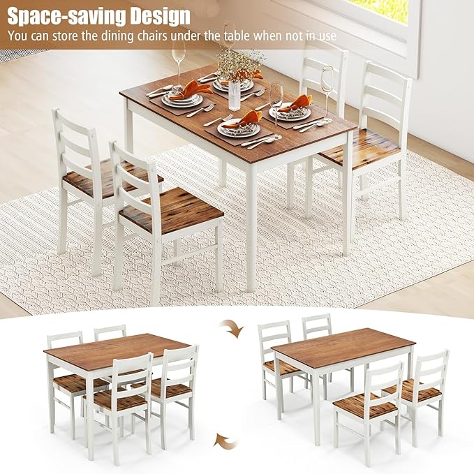 Tangkula Dining Table Set for 4, Solid Wood, Farmhouse Dinette Set w/Rubber Wood Legs, Mid-Century Modern, Compact Dining Table and Chairs Set for Kitchen, Dining Room (Brown+White)