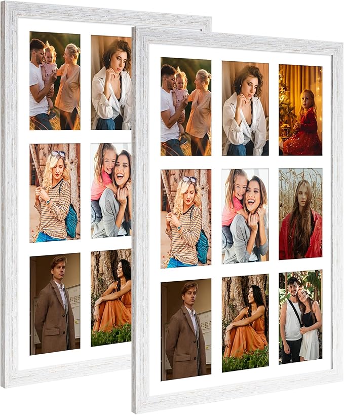 13.5x19.5 Collage frame with 9 Openings 4X6 Pictures, Multiple Picture Frame with Mat, Wall or Tabletop Decor, White Wood Grain,2 Pack