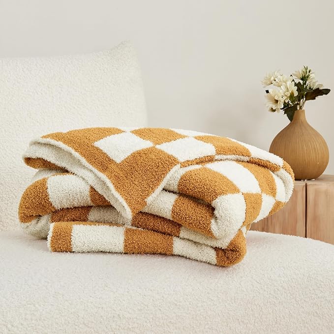 CozeCube Super Soft Fullfy Microfiber Reversible Knitted Blankets, Warm Cozy Fuzzy Plush Throw, Orange and White Checkered Throw Blanket for Couch Bed Sofa, 60" x 80"