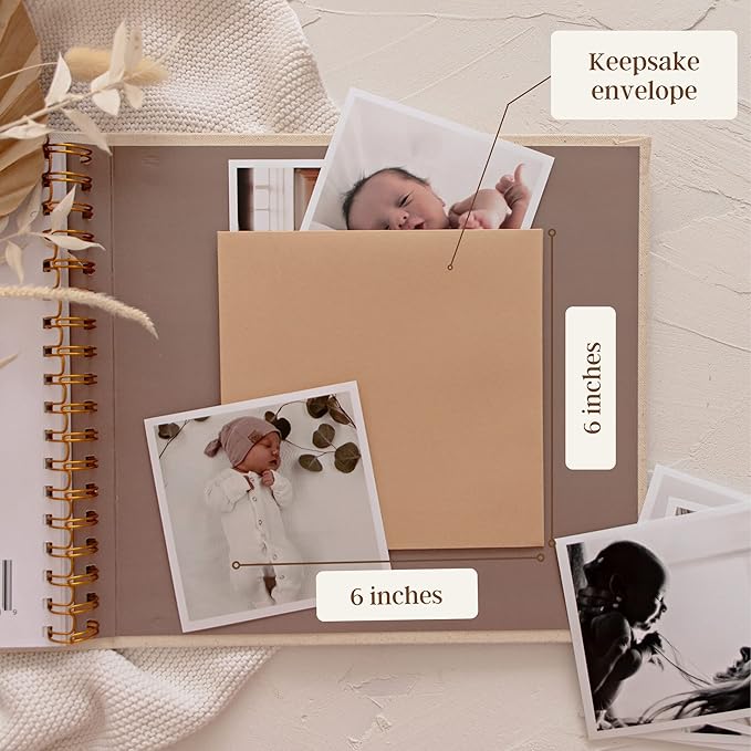 Peachly Unisex Baby Memory Book, Minimalist Baby First Year Keepsake for Milestones, Simple Baby Scrapbook for Boy Girl Milestones, Natural Linen (Haven)