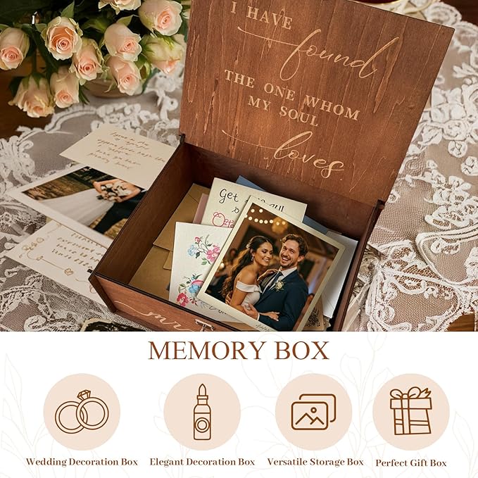 AerWo Wedding Keepsake Box, Wooden Storage Box Large with Lid and Lock, Assembled Keepsake Memory Box, Gift for Newlyweds Wedding Anniversary Engagement Photo Letter Time Capsule