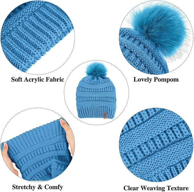 Aneco Womens Winter Warm Sets Knitted Fur Pompoms Beanie Hat Circle Loop Scarf Touch Screen Gloves Winter Favor Accessories