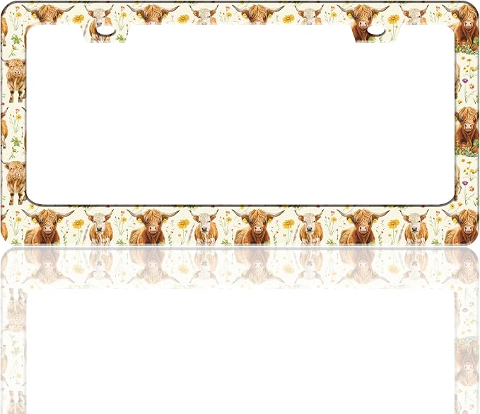 Highland Cow Flowers License Plate Frame Stainless Steel 6.3 X 12.2 Inch | Fits US Standard With Screws Rust Resistant For Car Front Rear Decoration Accessories Easy Installation For Cars SUV Truck