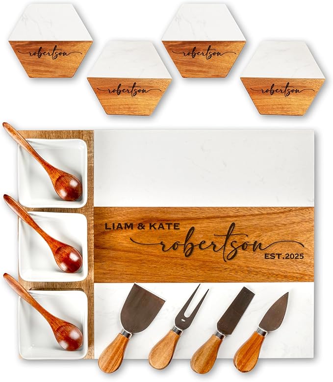 Personalized Charcuterie Board - Custom Engraved Wooden Marble Cheese Boards for Bridal Shower, Wedding, Housewarming, Birthday for Couples & Women