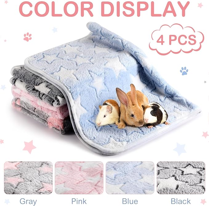 Reginary 4 Pcs Guinea Pig Fleece Blankets, Cute Star, 24 x 47 Inch | Waterproof Washable Cage Liners, Absorbent Double Layer Bedding for Guinea Pigs, Reusable Pads for Hamsters Rabbits