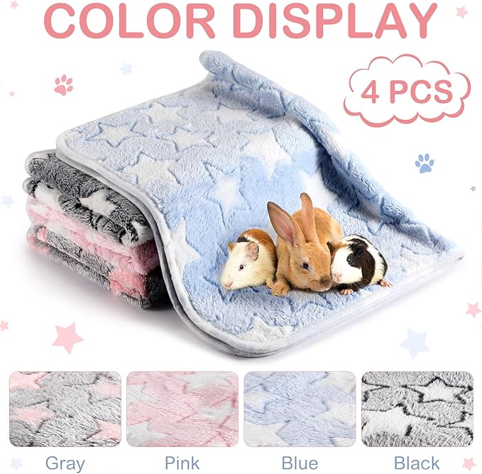 Reginary 4 Pcs Guinea Pig Fleece Blankets, Cute Star, 24 x 16 Inch | Waterproof Washable Cage Liners, Absorbent Double Layer Bedding for Guinea Pigs, Reusable Pads for Hamsters Rabbits