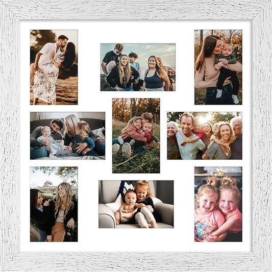 17x17 Picture Frame Display 9 opening 4X6 Picture Frame Collage,Multi Photo Frame with Mat,Plexiglass,Wall Mount Decor,Distressed White Wood Grain