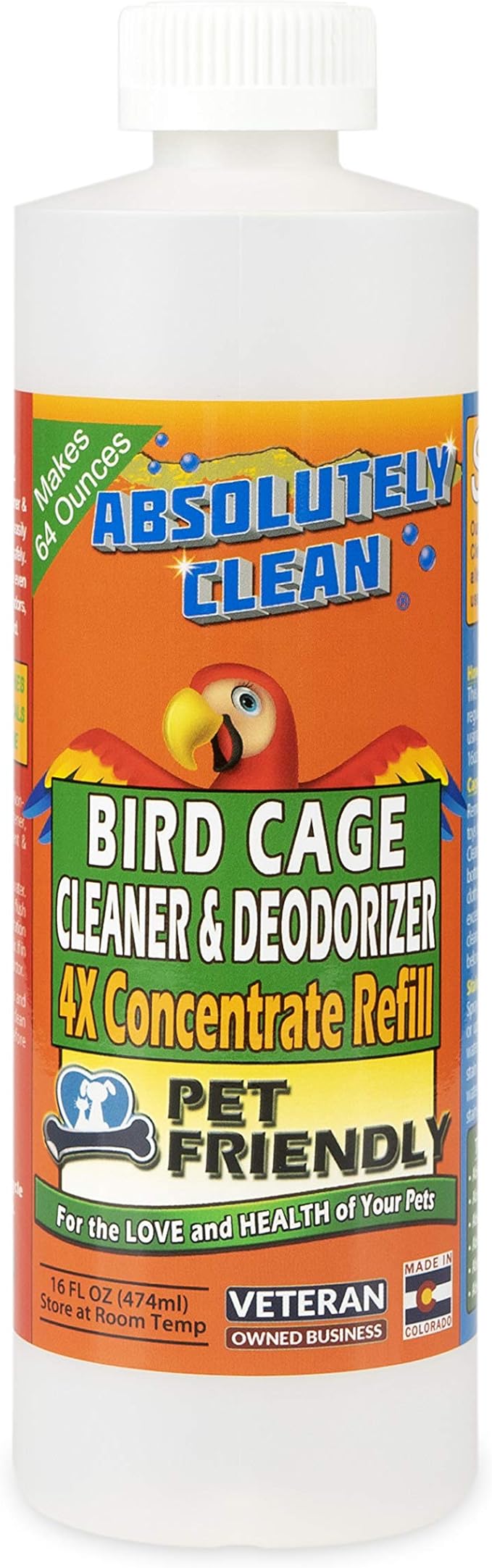 Absolutely Clean Amazing Bird Cage Cleaner and Deodorizer - Just Spray/Wipe - Safely & Easily Removes Bird Messes Quickly and Easily - USA Made - Fragrance Free (4X Concentrate - 16oz Makes 64oz)