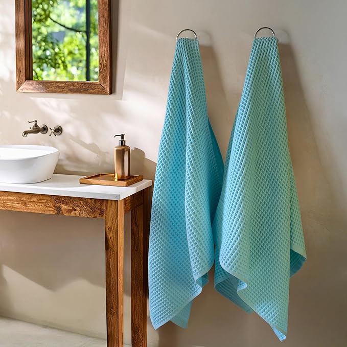 PÜSKÜL Premium Waffle Bath Towels Set of 2 - Organic 100% Turkish Cotton Bath Towel - Quick Dry, Absorbent, Light, Thin, 32x63 Large Waffle Towels (Aqua Turquoise Bath Towels - Pack of 2)
