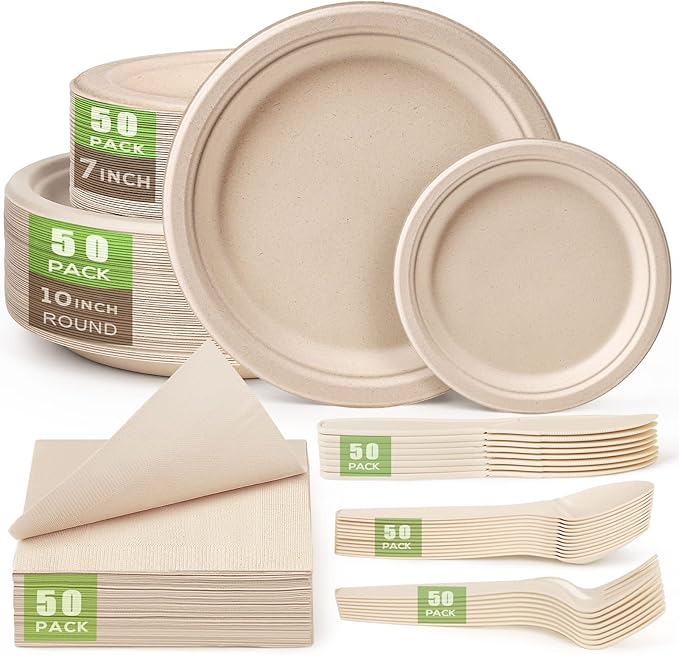 Gezond Compostable Paper Plates Set 300 Pieces Disposable Plates 10-inch Eco-friendly Paper Plates Heavy-duty Utensils and Napkins for Party, Made From Sugarcane Pulp