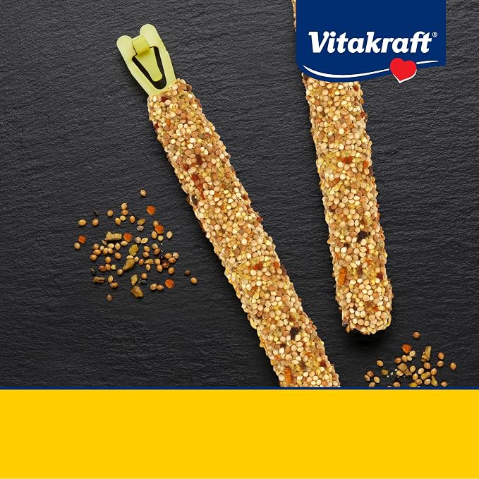 Vitakraft Crunch Sticks Parakeet Treat – 2 Sticks in Orange and Apricot Flavor – Triple Baked with Natural Wood Center – Added Vitamins and Minerals with Cage Clip Holder for Long-Lasting Enrichment