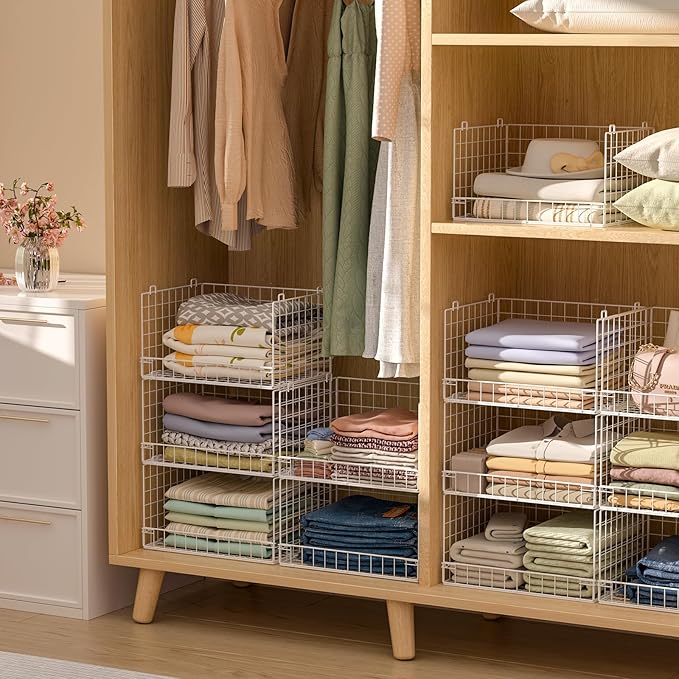 5-Tier Stackable Closet Organizers and Storage Basket - Foldable Closet Shelf Organizer System, Space-Saving Clothes Storage Bins Drawer Organizer for Wardrobe, White (Patent Pending)