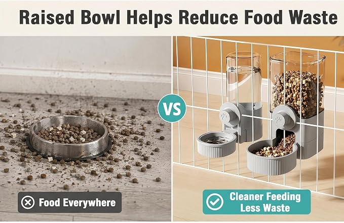 Automatic Rabbit Feeder and Water Dispenser Set,40oz Gravity Food Feeder&17oz Leak-Proof Water Bottle for Guinea Pigs,Hamsters,Chinchillas,Ferrets, Small Animals,Cage Mount Feeding Station Grey