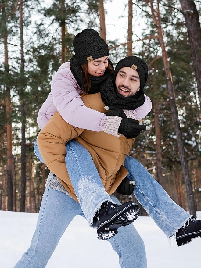 Winter Beanie Hat Scarf Gloves, Warm Fleece Knit Hats Touch Screen Gloves Neck Scarf Set Winter Gifts for Unisex Adult