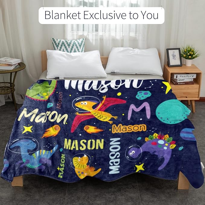 Personalized Dinosaur Blanket for Boys, Custom Name Blanket for Kids Dino Outspace, Soft Flannel Dinosaur Toddler Blanket Customized Gift for Birthday Christmas Baby Shower, Newborn Gift 60" X 80"