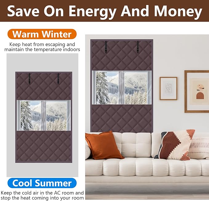 3 Layer 63 x 39 Inch Visible Winter Insulated Window Cover,Oxford Thermal Insulated Window Blanket with Fastener,Brownish Red Window Insulation Kit for Winterizing Keeping Home Warm