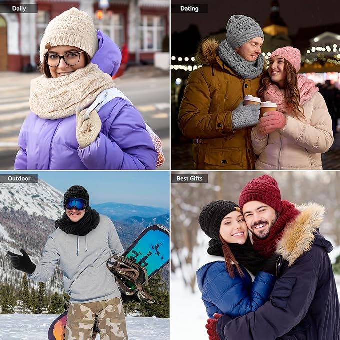 Winter Beanie Hat Scarf Gloves Set, Winter Clothes for Women, Fleece Lined Hats Touchscreen Gloves Thick Neck Warmer