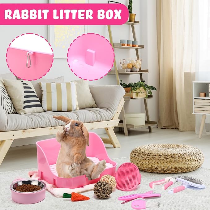 Reallnaive 15 Pcs Rabbit Starter Kit Small Rabbit Litter Box Girls Gift Animal Grooming Kit Bunny Toys Bowl Blankets with Cleaning Set for Guinea Pig Accessories(Pink)