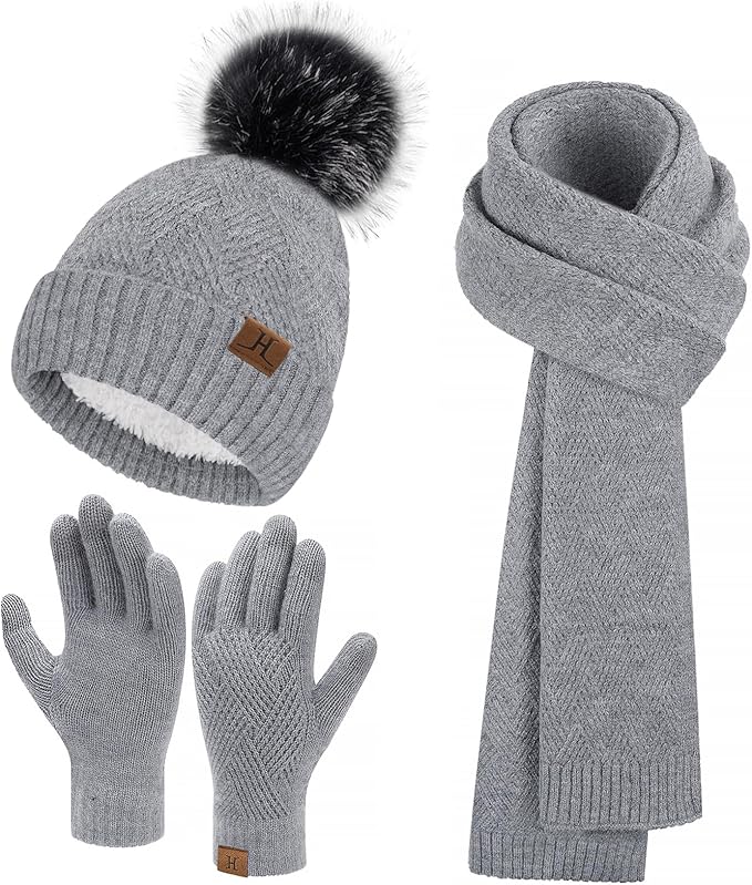 Womens Winter Warm Knit Beanie Hat Long Scarf Touchscreen Gloves Set with Fleece Lined Pom Skull Cap Gifts for Women