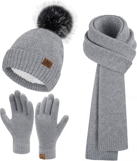 Womens Winter Warm Knit Beanie Hat Long Scarf Touchscreen Gloves Set with Fleece Lined Pom Skull Cap Gifts for Women