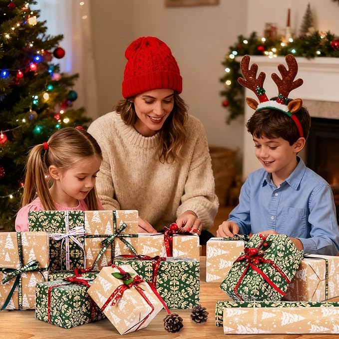 AhfuLife 2 Rolls Christmas Wrapping Paper, 43cm x 15M Xmas Wrapping Paper Rolls Recyclable Kraft Paper for Xmas Boxes Wrap Gift Birthday Festival Party Decorations (W: Christmas Tree/Snowflake)