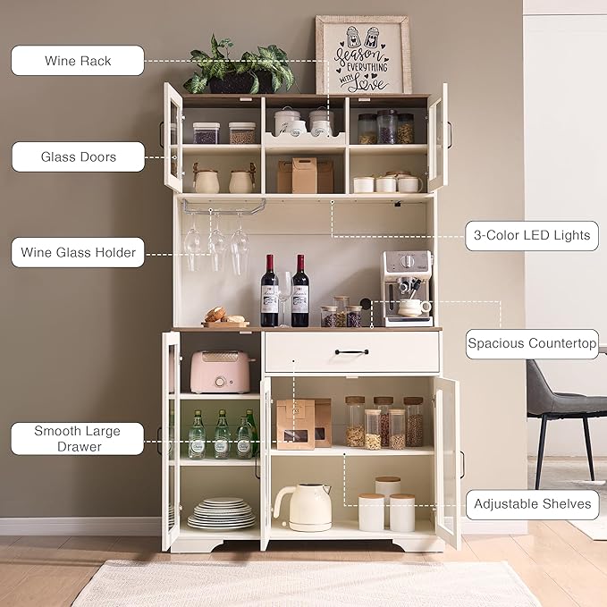 Fatmok 71" Tall Pantry Cabinet, Coffee Bar Storage Cabinet with Charging Station & LED Lights, Kitchen Hutch Food Pantry Cabinet with Wine Rack, Drawer, Adjustable Shelves & Microwave Stand, White