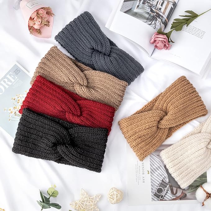DRESHOW Winter Knit Chunky Headbands for Women Crochet Turban Knitted Ear Warmer Fashion Head Wrap 6 Pack