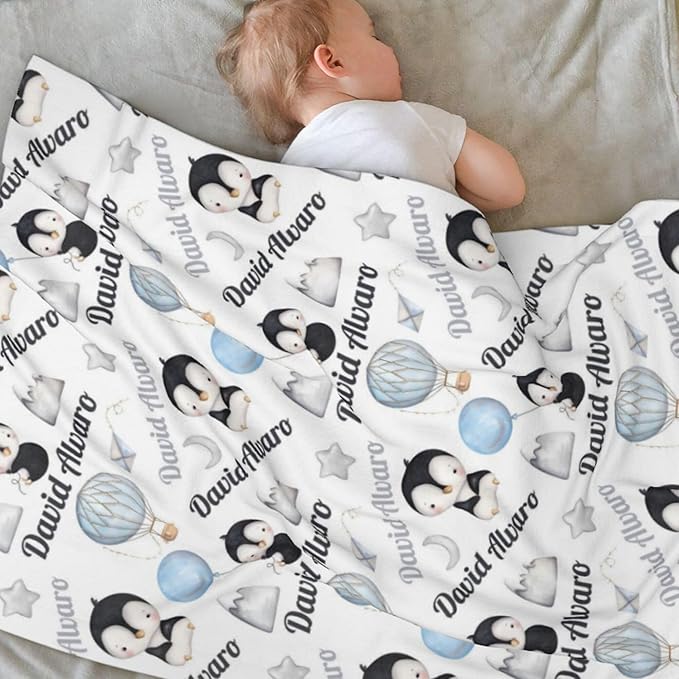 Ship Next Day Personalized Baby Blanket, Printed in USA - Custom Name Toddler Blanket with Penguin Pattern, Personalized