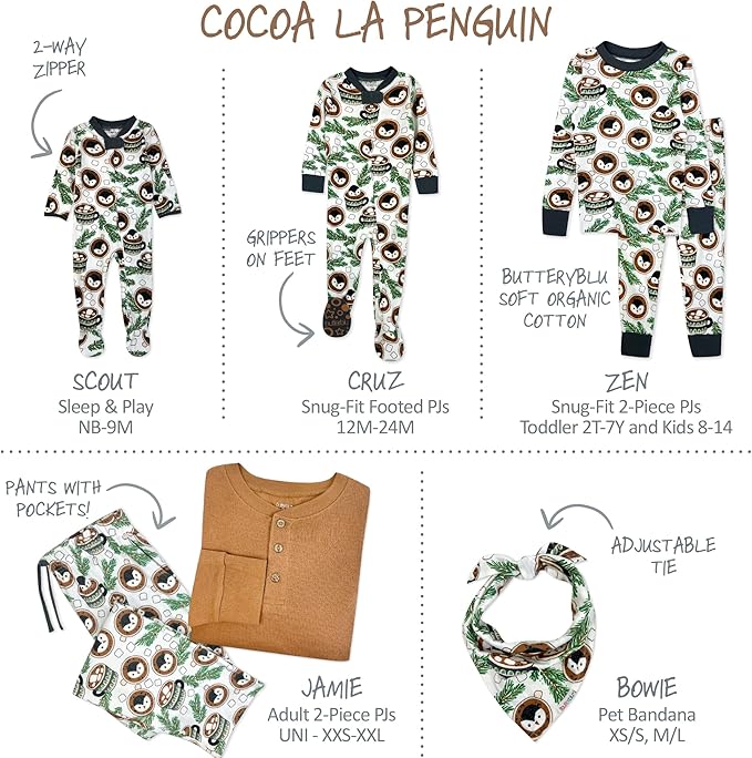 JAMIE Matching Family Jammies Holiday Pajamas 100% Organic Cotton PJs Adults, Kids, Toddlers, Baby, Pets