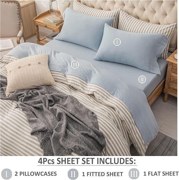 PURE ERA Jersey Knit 3pcs Bed Sheet Set 100% T-Shirt Heather Cotton Super Soft Comfy Breathable Fits Mattress Up to 20" Extra Deep Pocket (Solid Light Blue, Twin XL)