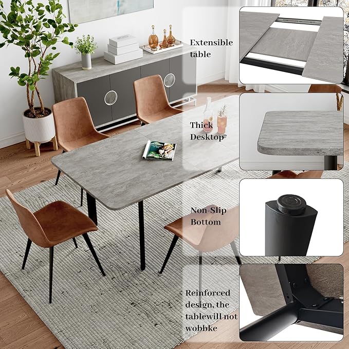 63"- 78.7" Extendable Dining Table with 6 Brown Dining Chairs, Modern Kitchen Table Set for 6, Thickened Expandable MDF Wooden Table with Metal Legs for Dining Room, Kitchen, Home
