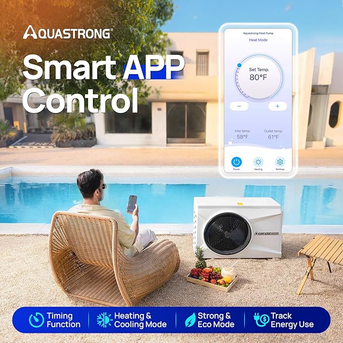 AQUASTRONG Inverter Swimming Pool Heat Pump,Pool Heater for Above Ground and Inground Pool Heating Smart WiFi Control and Cooling Pool Heater Pools Up to, 26000 Gallons