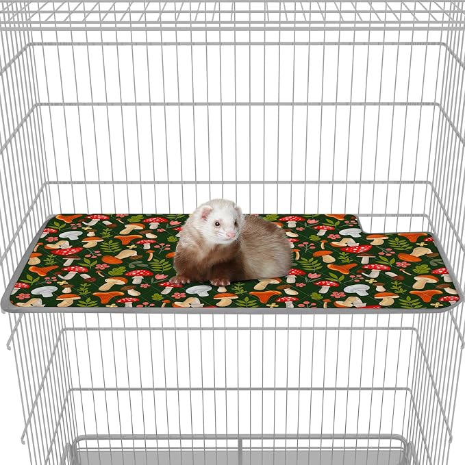 Bienbee Ferret Cage Liner Set, Leakproof Ferrets Cage Accessories for Small Animals Rats Chinchillas Hedgehogs Ferrets(Green Mushroom,Top Pan Liner)