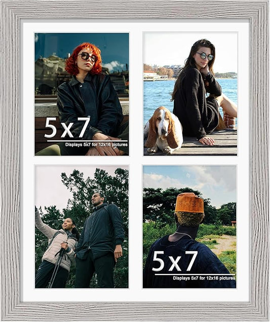 12x16 Picture Frame 5x7 Collage Picture Frame Displays Four 5x7 inch Photos or 12x16 (Without Mat) for Available Horizontal Wall Mounting Display and Vertical Grey