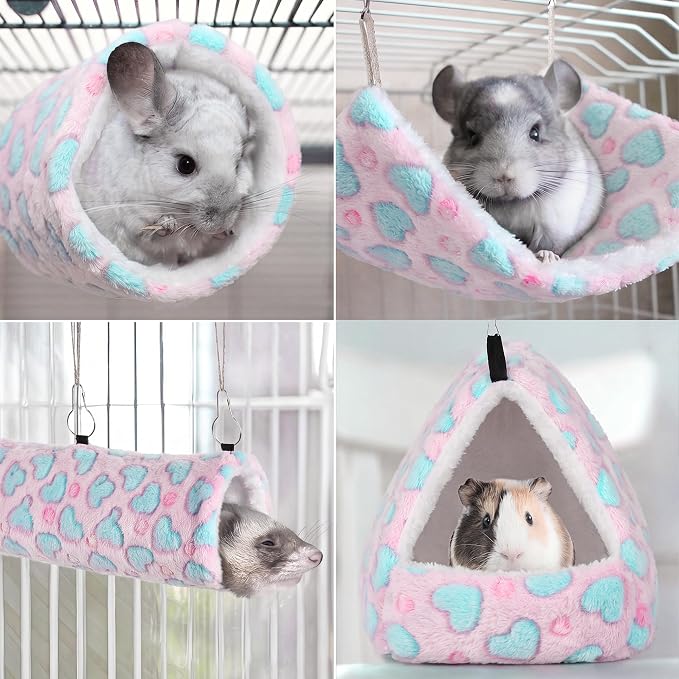 MCEAST 4 Pieces Small Pets Cage Accessories Hanging Hammock Sleeping Bag Tunnel and Bed Hideout Set Warm Sleep Nap Sack Bed for Hamster Ferret Squirrel Rabbit, Pink Hearts