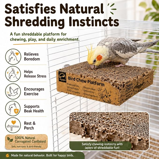 Agape Shreddable Bird Cardboard Platform, Natural Parrot Chew Toy and Perch | Safe Cage Mounted Paper Toy Accessory for Budgies, Lovebirds, Quakers, Cockatiels & Conures, Supports Beak & Foot Health