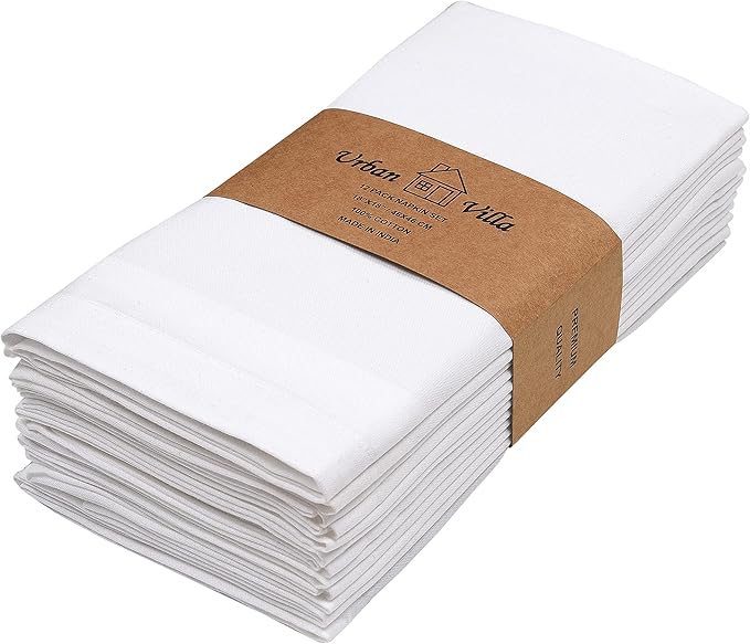 Urban Villa White Cloth Napkins Set of 12 100% Cotton Dinner Napkins Cloths Washable 18”x18” Absorbent Soft Durable Reusable-Ideal for Everyday Use Parties Wedding Thanks Giving Christmas Halloween