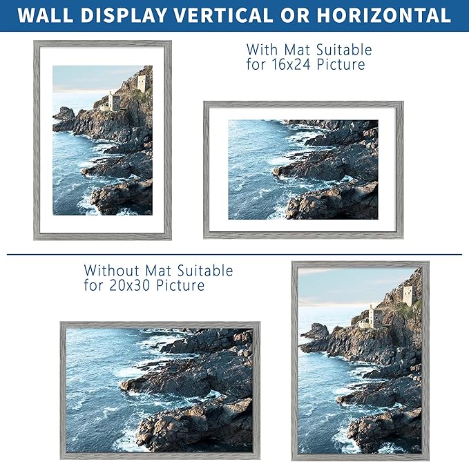 20x30 Frame Set of 2, Rustic Grey Wood Style - Display 16x24 Picture with Mat or 20 x 30 Poster without Mat, Wall Mounting Horizontal and Vertical