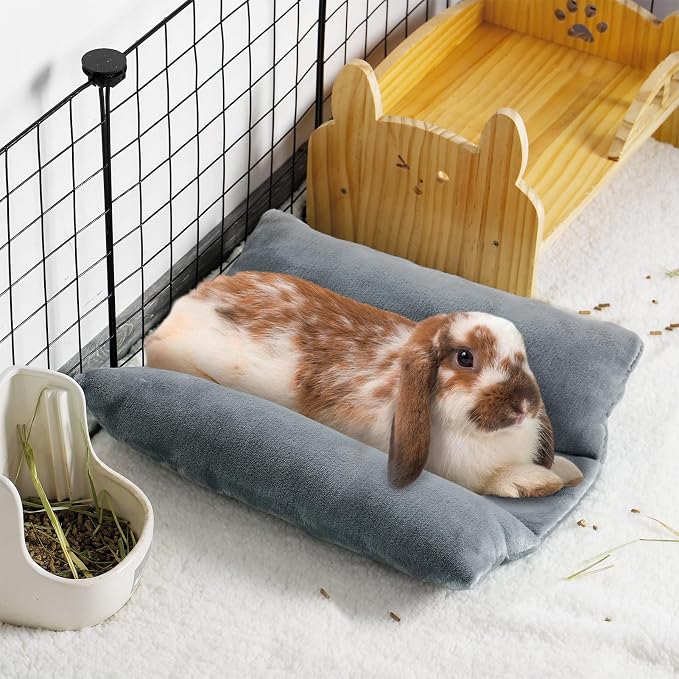MEWTOGO 15.7" x 14" Bunny Bed for Rabbit Cage, Thickened & Soft | Prevent Sore Hocks Plush Mat with Cotton Lounger Pillows, Small Animal Flop Mat for Hutch Sleeping Indoor, Gray