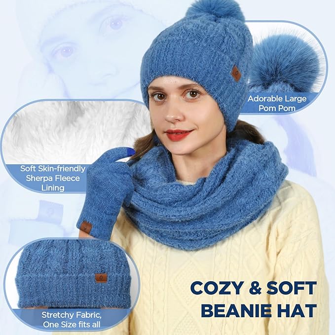 Womens Beanie Hat Infinity Scarf Touchscreen Gloves Fleece Headband 4 in 1 Winter Clothes Set Gifts for Women