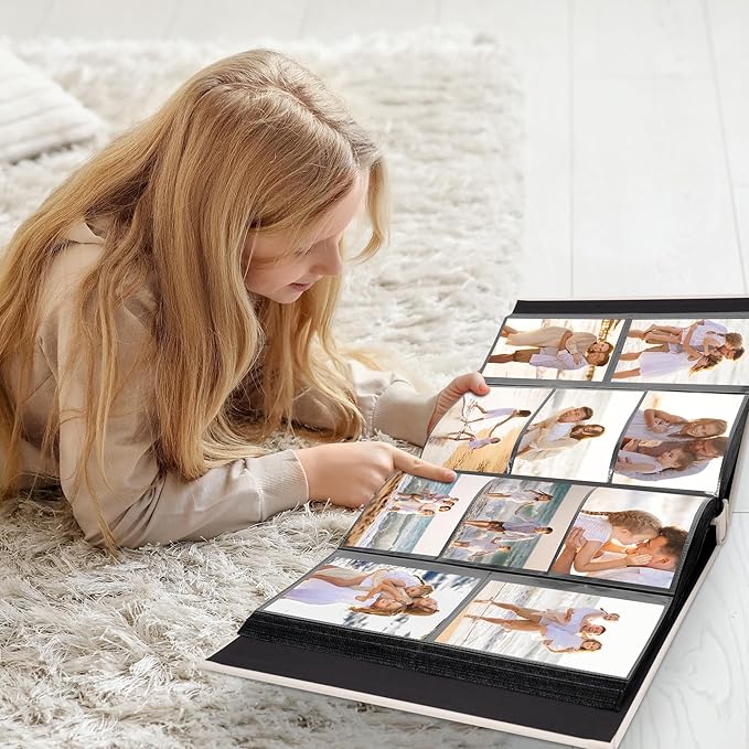 Photo Album Holds 600 Pockets with Linen Cover and Customizable Window, Fits 4x6 Photos, Archival Black Pages, Pink