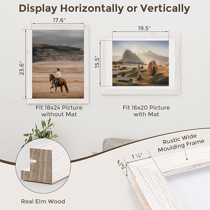 18x24 Picture Frame, Solid Elm Wood Picture Frame with Real Glass, Large Rustic Poster Frame 18"x24", matted to 16x20, 18 by 24 Wooden Frame for Vertical & Horizontal Wall Hanging, White, 1 Pack